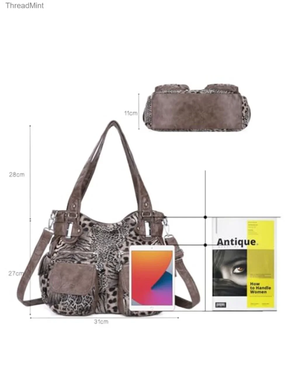 Washed PU Leather Hobo Bag with Double Zipper, Multiple Pockets, Convertible